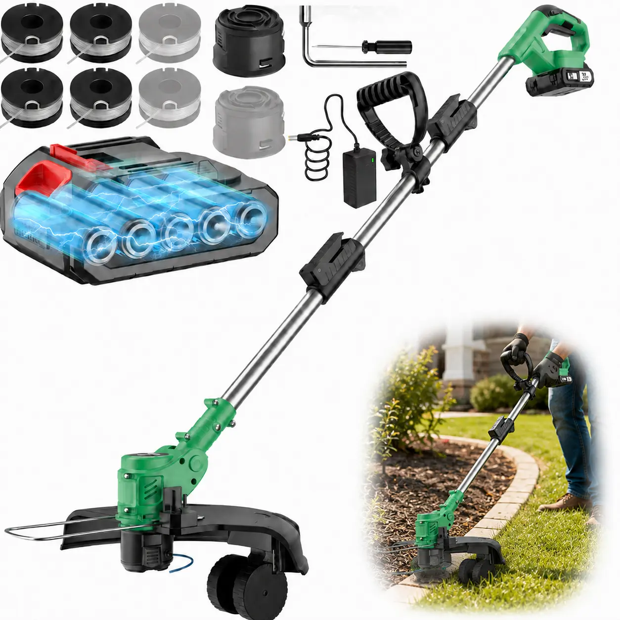 Cordless String Trimmer & Lawn Edger with 1 or 2 Batteries, Adjustable Handle, Support Wheel and Replacement Spools, Battery Powered Weed Eater for Garden, Yard, Lawn Care and Walkway Edging