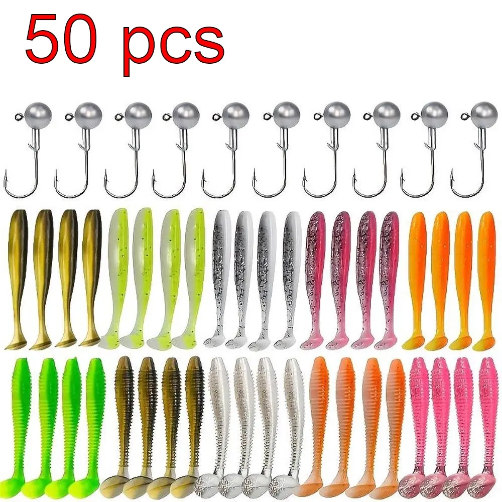 50pcs Box of Soft Fishing Lures, Artificial Fishing Lures, Featuring T-Tail Worm Bait with Realistic Movement, Suitable for Bass and Pike Fishing, Available in Various Colors for Your Fishing Trips, Includes a PVC Lure Set with Crank Jig Head Hooks