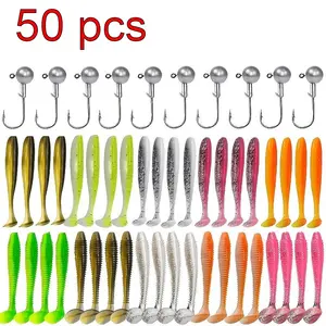 50pcs Box of Soft Fishing Lures, Featuring T-Tail Worm Bait with Realistic Movement, Suitable for Bass and Pike Fishing, Available in Various Colors for Your Fishing Trips, Includes a PVC Lure Set with Crank Jig Head Hooks
