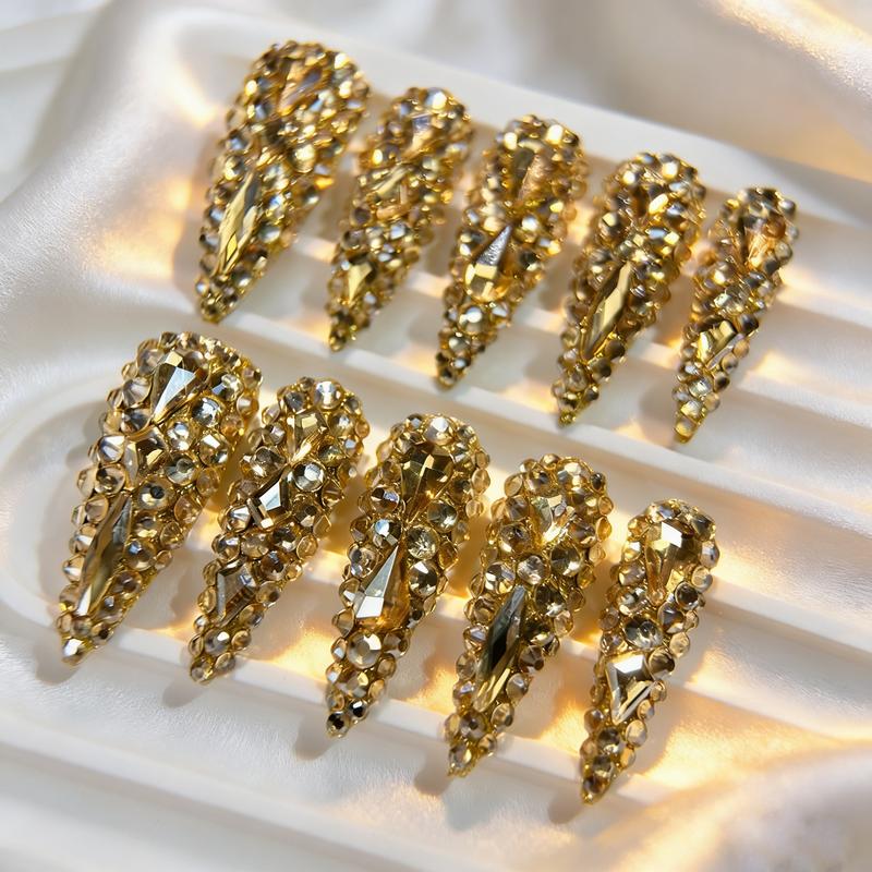 Bohemian 10PCS 3CM Long Waterdrop Pointed K9AB Champagne Gold Glass Full Diamond Luxury European & American Pure Handmade Wearable Nails