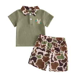 Toddler Baby Boy Summer Outfit Mallard Duck Embroidered Short Sleeve Tops Polo Shirt and Camouflage Shorts 2Pcs Hunting Clothing Set