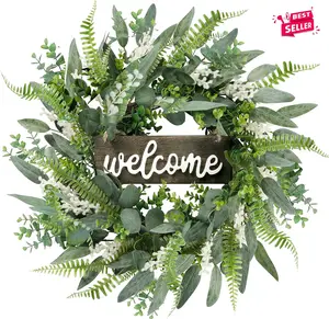 Green Artificial Eucalyptus Wreath with Welcome Sign, 20in Mixed White Berries Spring Summer Wreath for Front Door Wall Window Farmhouse Festival Porch Patio Garden Decor. Decorative Fruit