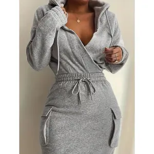 Hooded Casual Sweatshirt Dress with Pockets for Women - Polyester Knit Fabric Solid Color Long Sleeve Fitted Hoodie Drawstring Versatile Style All Seasons Womenswear Grey ED245981