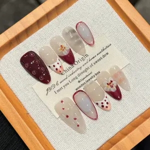 Almond Press On Nails 3D Flower Shell French Style Reusable Nails, Beach Nails