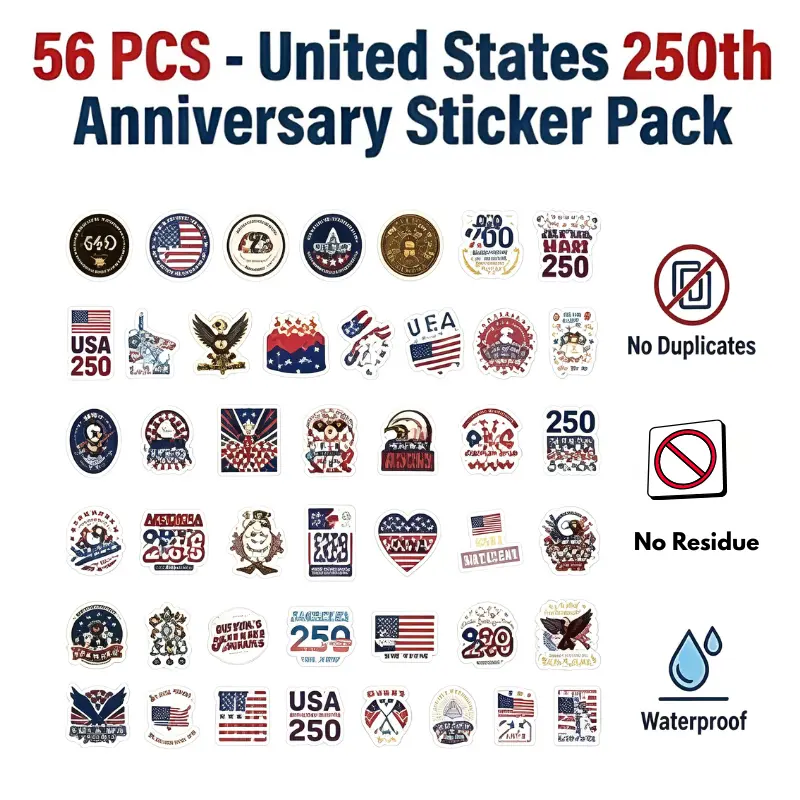 56 PCS United States 250th Anniversary Sticker Pack No Duplicates No Residue Waterproof For Luggage Water Bottle Laptop Cup Patriotic DIY Decoration