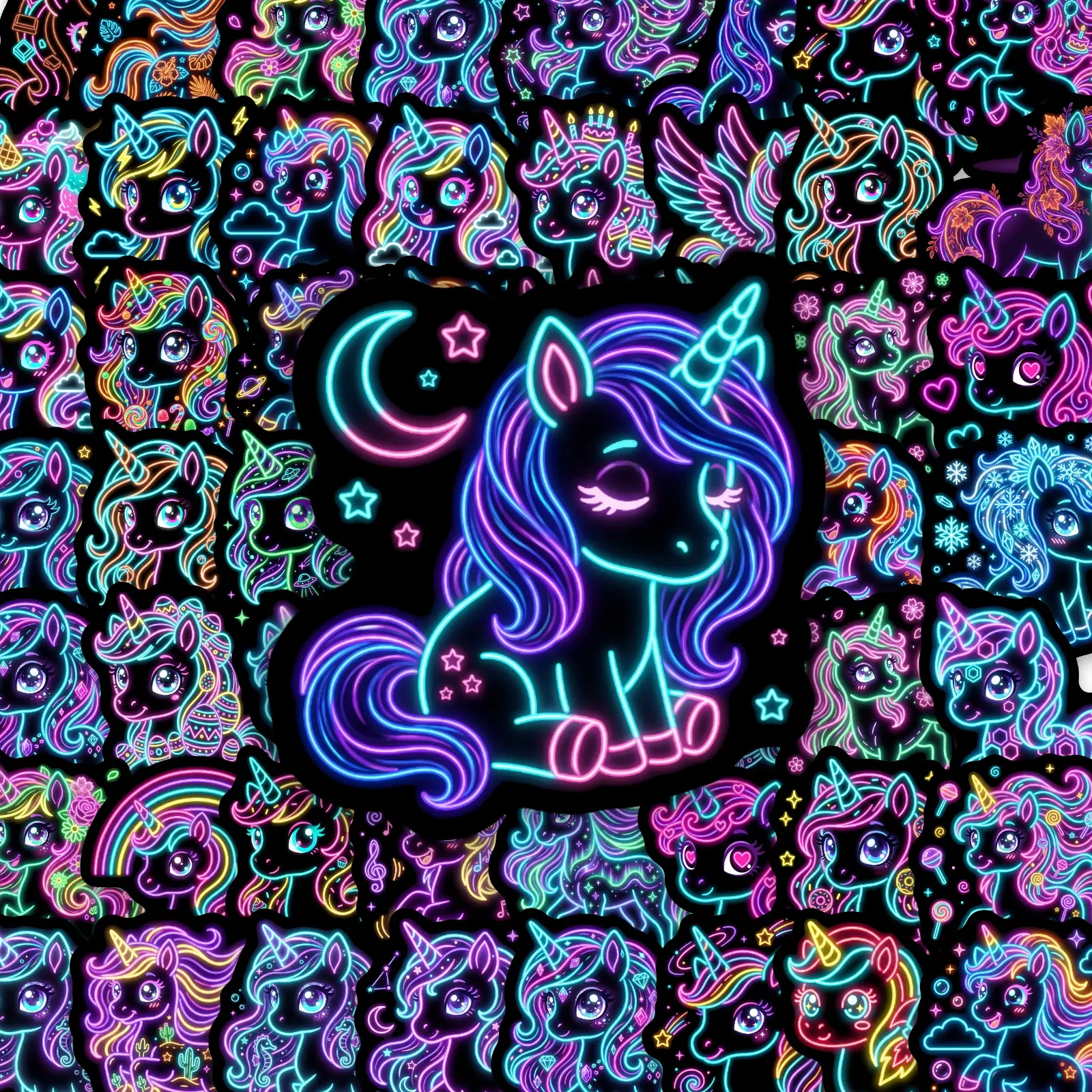 50pcs Neon Unicorn Cute Rainbow Horse Stickers, Adhesive Decals, Graphic Decal, Decorative Decal, Suitable for Scrapbooks, Diaries, Laptops, Water Bottles, Cars, Etc., Based on A Design Inspired By Faith.