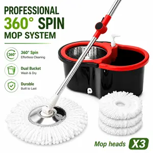 360° Spin Mop and Bucket System with Wring System, Stainless Steel Basket, Adjustable Long-Handled Extendable Handle, Soap Dispenser & 3 Extra Reusable Washable Microfiber Heads for All Floor Types, Extendable Microfiber Mops