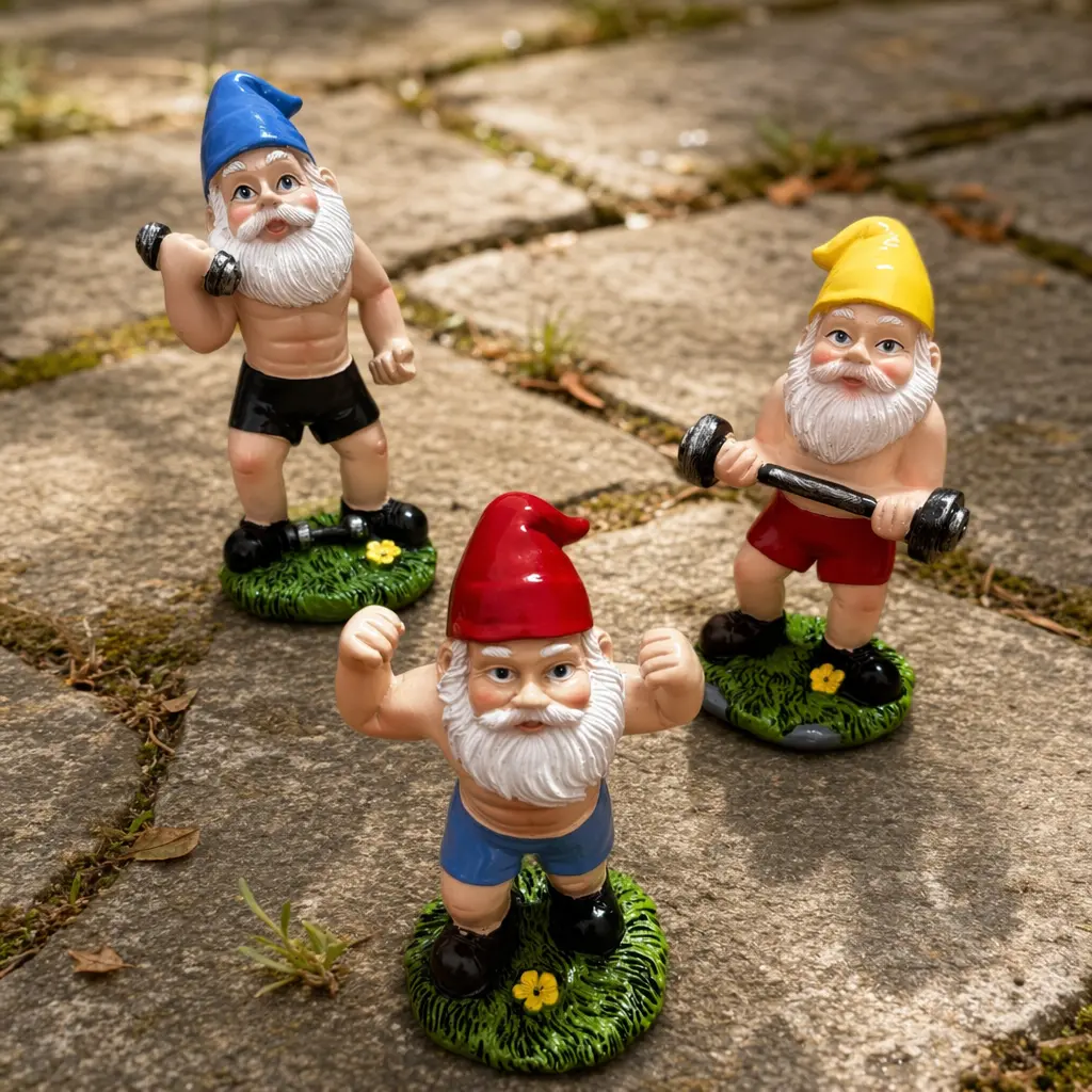 Funny Muscular Resin Garden Gnome Statues Set with Barbell Dumbbell - Outdoor Patio Indoor Tabletop Home Decor - Gag Gifts for Men, Gym Lovers