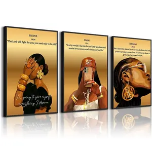 3pcs/set Unframed Design Hip Hop Black Girl Gold Jewelry Poster Print Beautiful Woman Hair African Hairstyles Canvas Painting Afro Wall Art for Club Living Room Home Decor
