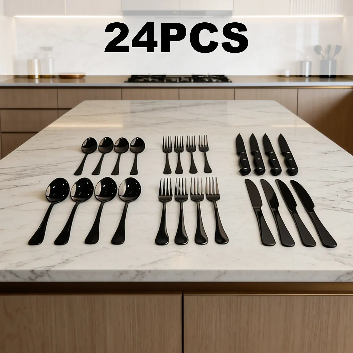 24-Piece Black-Rainbow Gradient Stainless Steel Tableware & Cutlery Set, Dishwasher Safe, Durable, Easy to Clean Kitchenware for Dinner Parties - Home Kitchen Upgrade Essentials, Tableware Set