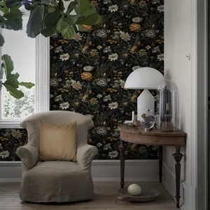 1 Roll Bohemian Floral Black Gold Vintage Self-Adhesive Wallpaper | Self-Adhesive, Removable, Waterproof Vinyl Wall Paper - Suitable for Bedroom, Home Decor, Easy to Use, Perfect for Accent Walls, 17.7 X 118 Inches