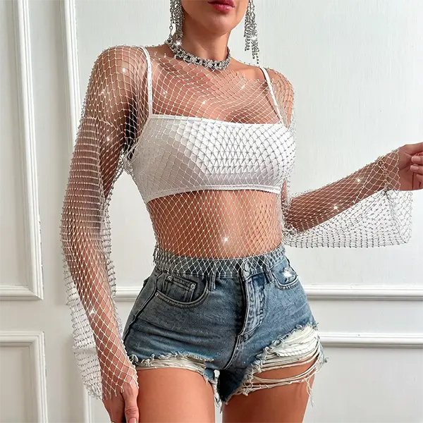 Women’s two-piece set: sheer mesh cover-up over a fishing net top with rhinestone embellishments, featuring flared sleeves, plus an inner white camisole for layering.
