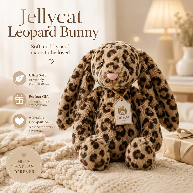 Jellycat Leopard Print Plush Bunny Toy - Viral Rabbit Stuffed Toy, Cute Style Dainty Collectible, Cute Animal Aesthetic for Kids, Free Jellycat Keychain, Rabbit Stuffed Toys