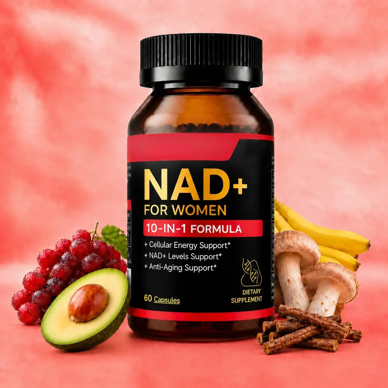 NAD+ Dietary Supplements for Women - Anti-Aging, Wrinkle Defense Capsules with Trans-Resveratrol, Ergothioneine, CoQ10, PQQ - Supports Cellular Health, Energy, Skin Revitalization - 60 Capsules