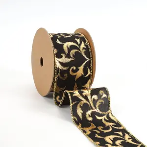 2 1/2" Wired Ribbon | "Metallic Brocade" Black/Gold | 10 Yard Roll wreath making Christms tree decor