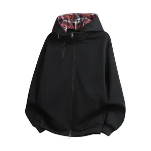 Men’s vintage plaid lined hooded sweatshirt, American dual zipper design, loose fit, versatile for everyday wear and commuting, long sleeves, cardigan style