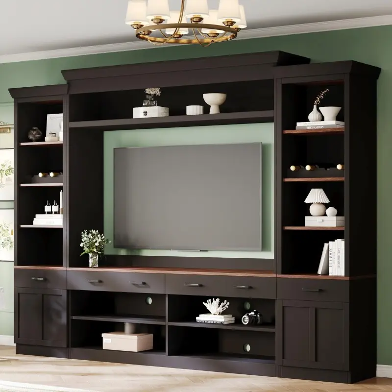 Modern Large Entertainment Center Wall Unit for Televisions Up to 70'', Wood 4 Piece TV Stands with Bookshelf, Media Console w/Storage for Living Room Bedroom
