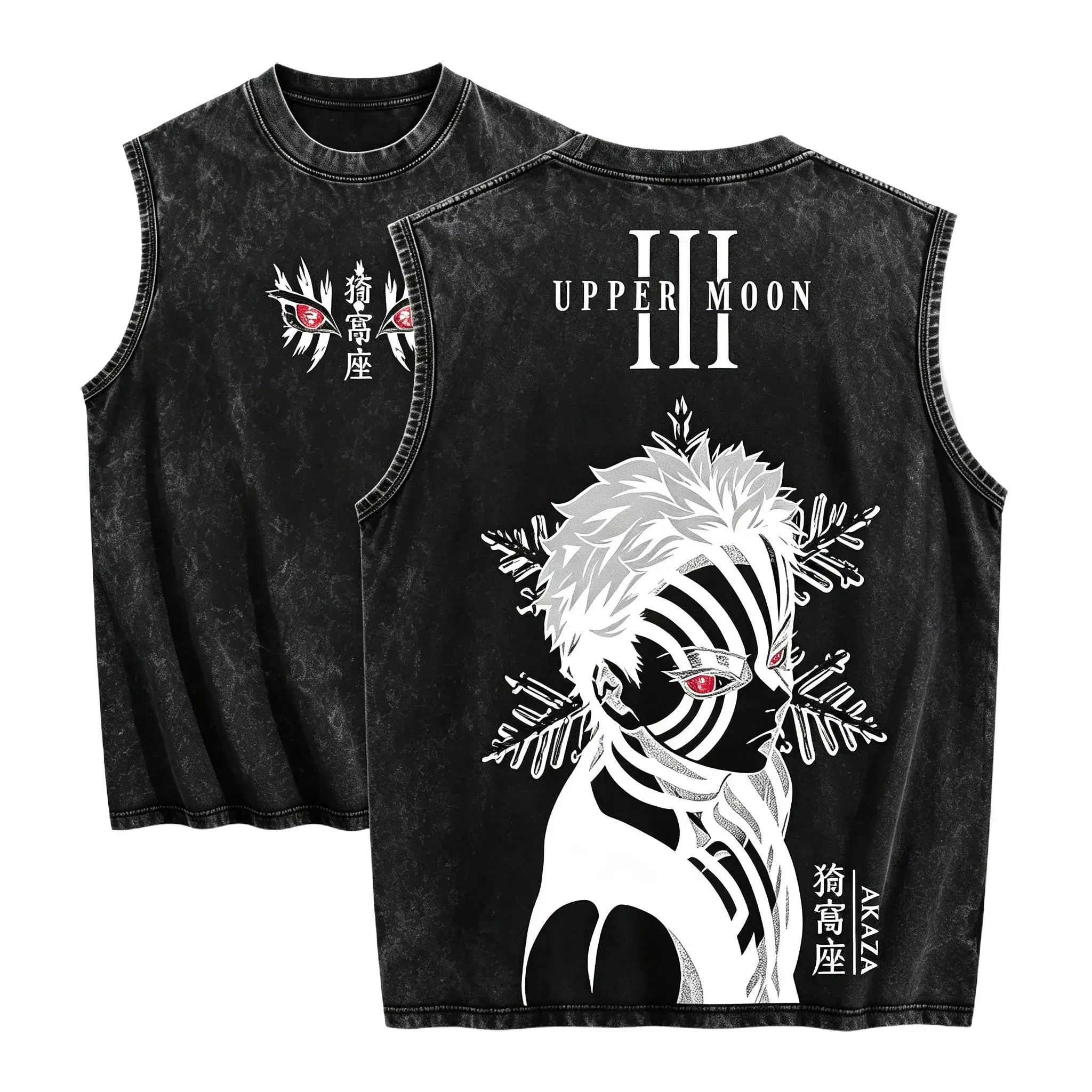 Akaza Vintage Washed Sleeveless Tank Top, Front & Back Print, Demon Slayer Upper Moon Graphic Vest, Oversized Unisex Anime Tank, Casual Gym Streetwear, Demon Slayer Fan Gift,anime manga tee,s day fashion outfit,unisex couple t-shirt.