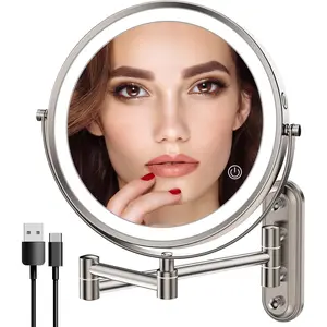 Twofingerswidth narrow base rechargeable wall mounted lighted makeup mirror3 color lights dimmable touch screen8 inch led double sided 1x10x magnifying mirror 13 inch retractable