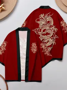 Traditional Chinese Men's Hanfu Cardigan, Dragon Print, Lightweight Loose-Fit Japanese Kimono Style, Casual Seven-Quarter Sleeve Jacket, Traditional Cultural Clothes