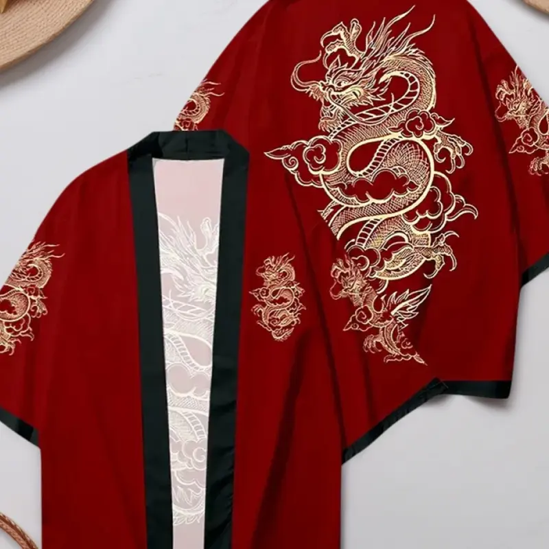 Traditional Chinese Cultural Men's Hanfu Cardigan, Dragon Print, Lightweight Loose-Fit Kimono Style, Casual Seven-Quarter Sleeve Jacket, Clothes, Traditional Wear, Traditional Clothing