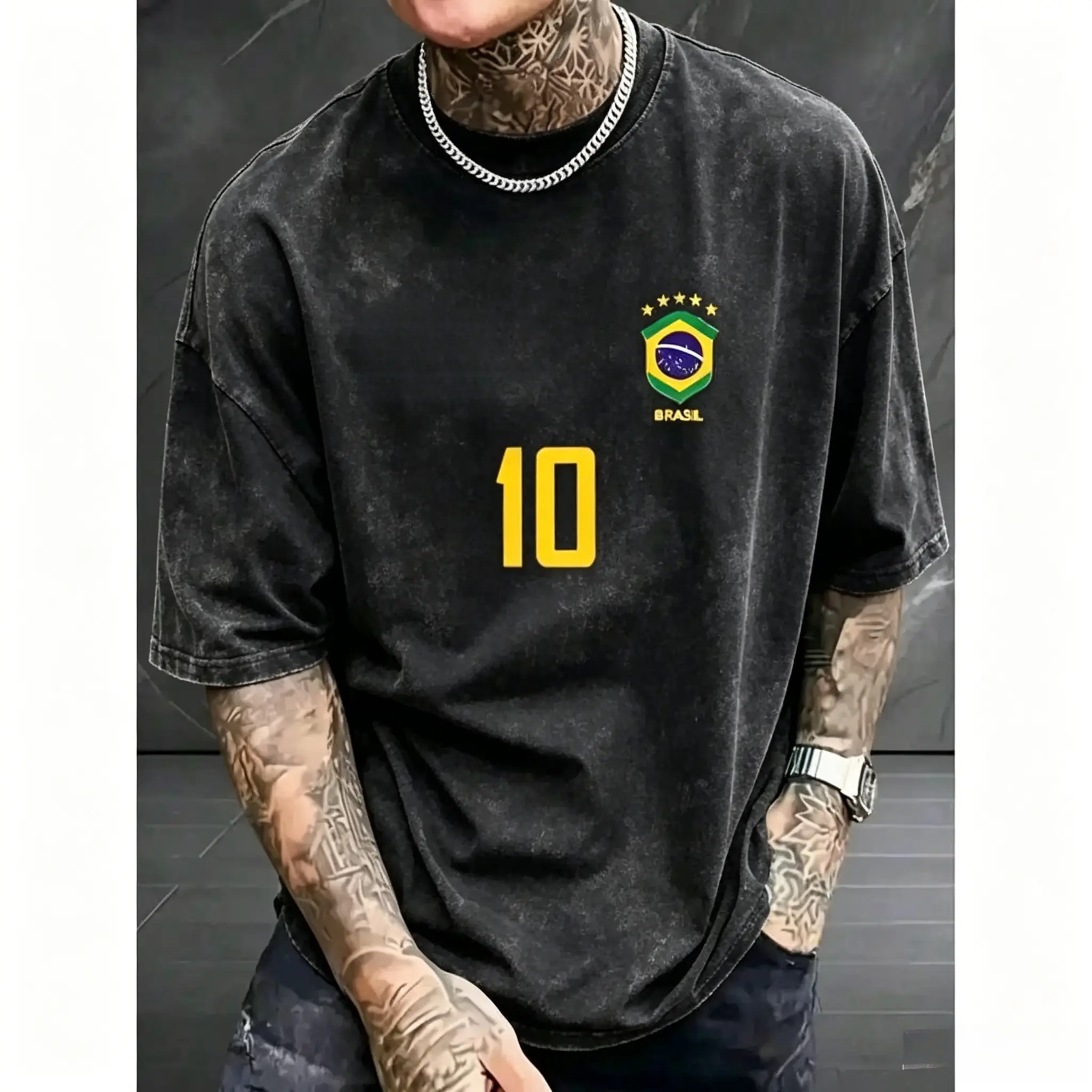 Men's Graphic T-Shirt, Retro Brazil Football Jersey - Legendary Number 10, Casual Football Fan Outfit, Football Jersey, 100% Polyester Breathable Knit Fabric, Regular Fit Round Neck Design graphic tee