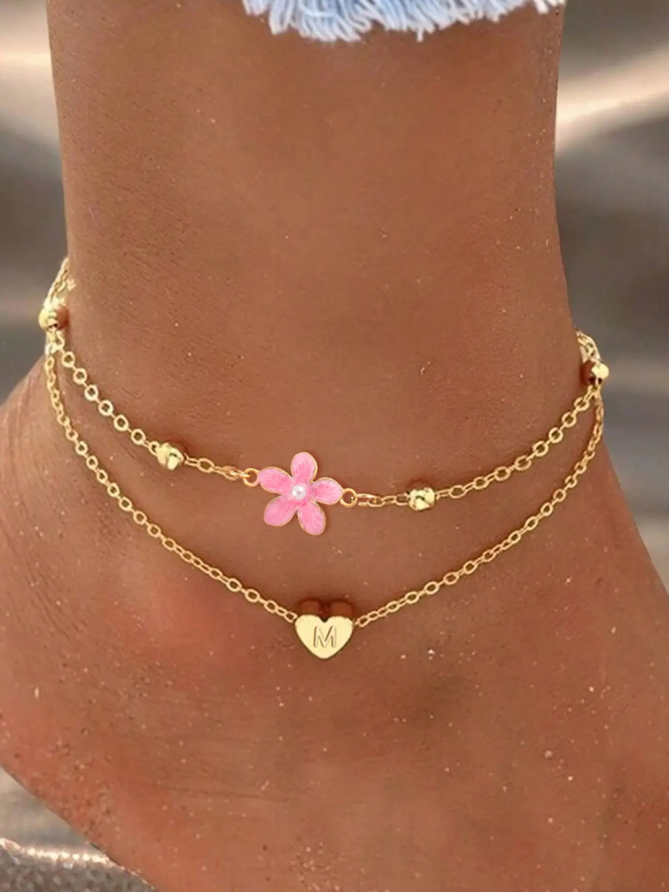 Mother's Day Gift Women's Stainless Steel Chain Dainty Layered Anklet , Heart Initial Pink Color Flower Design, Fashionable Jewelry Accessories for All Seasons, Summer Jewelry