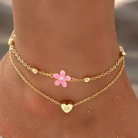 Mother's Day Gift Women's Stainless Steel Chain Dainty Layered Anklet, Fashionable Accessory , Heart Initial Pink Color Flower Design for All Seasons, Summer Jewelry