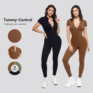 S&W Jumpsuit Workout Seamless Ribbed Tummy Control Yoga Bodycon Zip Up One Piece Unitard Sculpt Rompers Womenswear