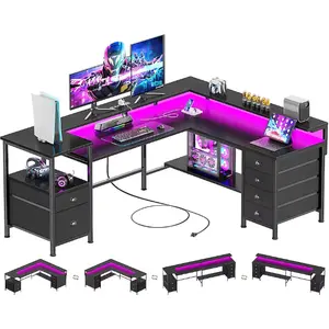 Furologee 66 In Black L Shaped Gaming Desk with Charging Station Reversible Corner Computer Desk LED Lights 6 Drawers Monitor Stand Printer Shelf Storage