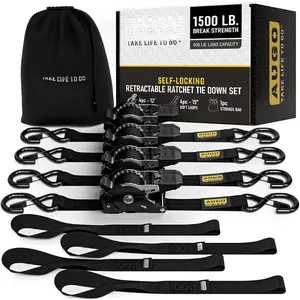 Self-Locking Retractable Ratchet Straps | 4 Heavy Duty Self-Tensioning Retractable Tie Down Straps with Soft Loops & Storage Bag | for , , Cargo | 1500Lb Break Strength 1" x 12'