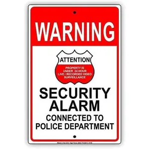 Warning Sign Warning Security Alarm Connected to Police Department Warning Attention Notice Theift Stealing Alarm System Road Sign Business Sign 12X8 Inches Aluminum Metal Tin Sign