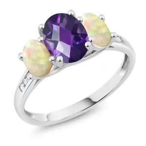 Gem Stone King 10K White Gold Gemstone Birthstone and Ethiopian Opal with Diamond Accents 3-Stone Engagement Ring for Women | Oval 8X6MM and 6X4MM | Elegant Wedding Anniversary Promise Ring | Size 5-9