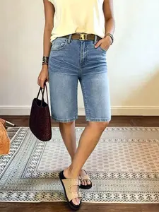 1 Spring Summer Vintage Wash Stretchy Denim Bermuda Shorts Women | High Waist Straight Leg Knee Length Jean Shorts | Casual Chic Style for Daily Vacation Travel Wear
