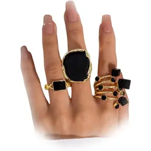 Chunky Gold Black Statement Rings Set for Women Vintage Large Cocktail Enamel Open Ring Exaggerated Dripping Oil Finger Jewelry Darkness Stacked Gifts