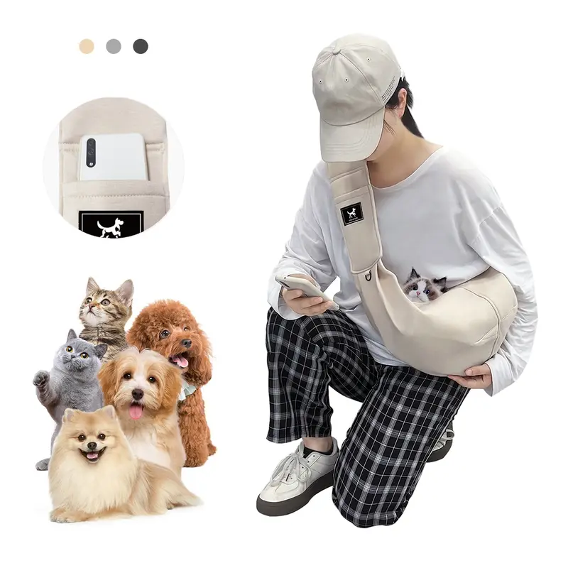 PAWPUBBY Comfortable Hands-Free Cotton Animal Carrier Bag for Small/Medium Dogs & Cats Up to 15lb, Adjustable Strap Buckle, Safety Hook, Snap Closure, Treat Pocket, Eco-Conscious for Daily Activities,familyfun