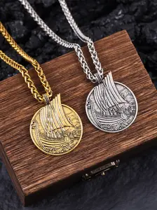 Nordic Viking Pirate Ship Necklace for Men, Retro Hip Hop Pendant Sailor Chain, Round Coin Shape + Pirate Ship Relief Texture, Versatile Fashion Accessory