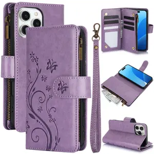 Butterfly Flower & Flower Zippered Flap Leather Cardholder Wallet with Protective Shockproof Design for iPhone 11, 12, 13, 14, 15 Plus, 16, 17 Pro Max - Stylish Men's & Women's Business Multi-Card Holder Case