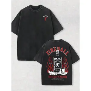 Fireball Dragon Blood Graphic Vintage Washed Cotton T Shirt Mens Oversized Streetwear Crew Neck Short Sleeve Casual Tee for Daily Wear Hip Hop Y2K Fashion Retro Print Urban Style Motorcycle Biker Top with Flame Design Breathable Soft Comfort Fit