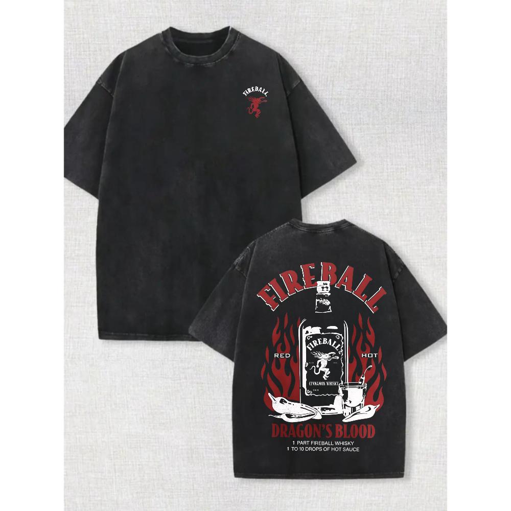 Fireball Dragon Blood Graphic Vintage Washed Cotton T Shirt Mens Oversized Streetwear Crew Neck Short Sleeve Casual Tee for Daily Wear Hip Hop Y2K Fashion Retro Print Urban Style Motorcycle Biker Top with Flame Design Breathable Soft Comfort Fit