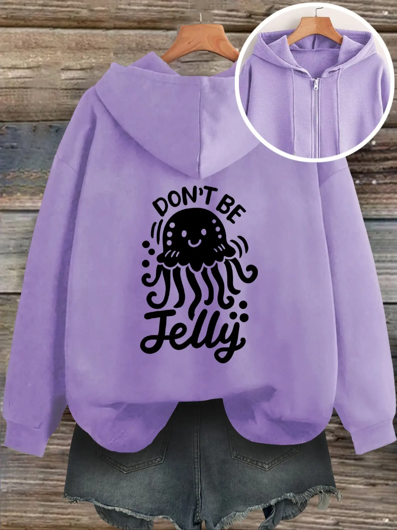 Women's Autumn Winter Hooded Zipper Sweatshirt, Fun Cartoon Jellyfish Print Casual Top, Fitted Plain Fabric, Moderate Thick, Ladies Fashion
