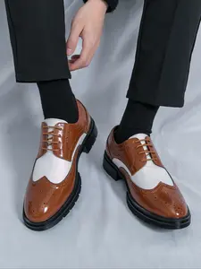 Men's PU Leather Block Carving Patchwork Oxford Shoes, Business Formal Party Wedding Shoes, High-End Casual Dress Shoes