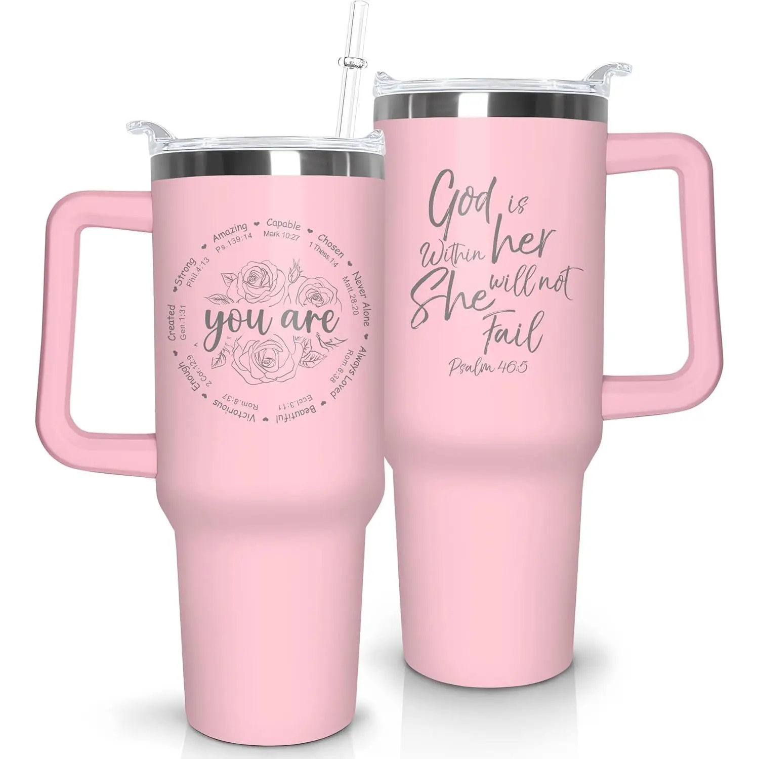30 oz Christian Printed Stainless Steel Vacuum Insulated Tumbler Mug - Portable Drinkware with Handle, Straw, Leakproof Lid, Transparent Lid - Religious Inspirational Gift for Women, Travel Coffee Stainless Vacuum Flask, Stainless Vacuum Flasks