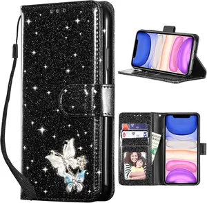 Wallet Case for iPhone 11 6.1 inches, Premium Glitter PU Leather Phone Case Card Slots Kickstand Case Magnetic Closure Bling Handbag Case Shockproof Hand Strap Flip Cover - Black#