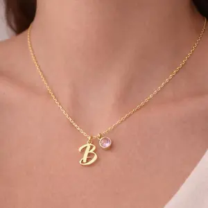AS921 Personalized Customization 26 English Letters Birthstone Pendant Stainless Steel Necklace Birthday Gift Men and Women