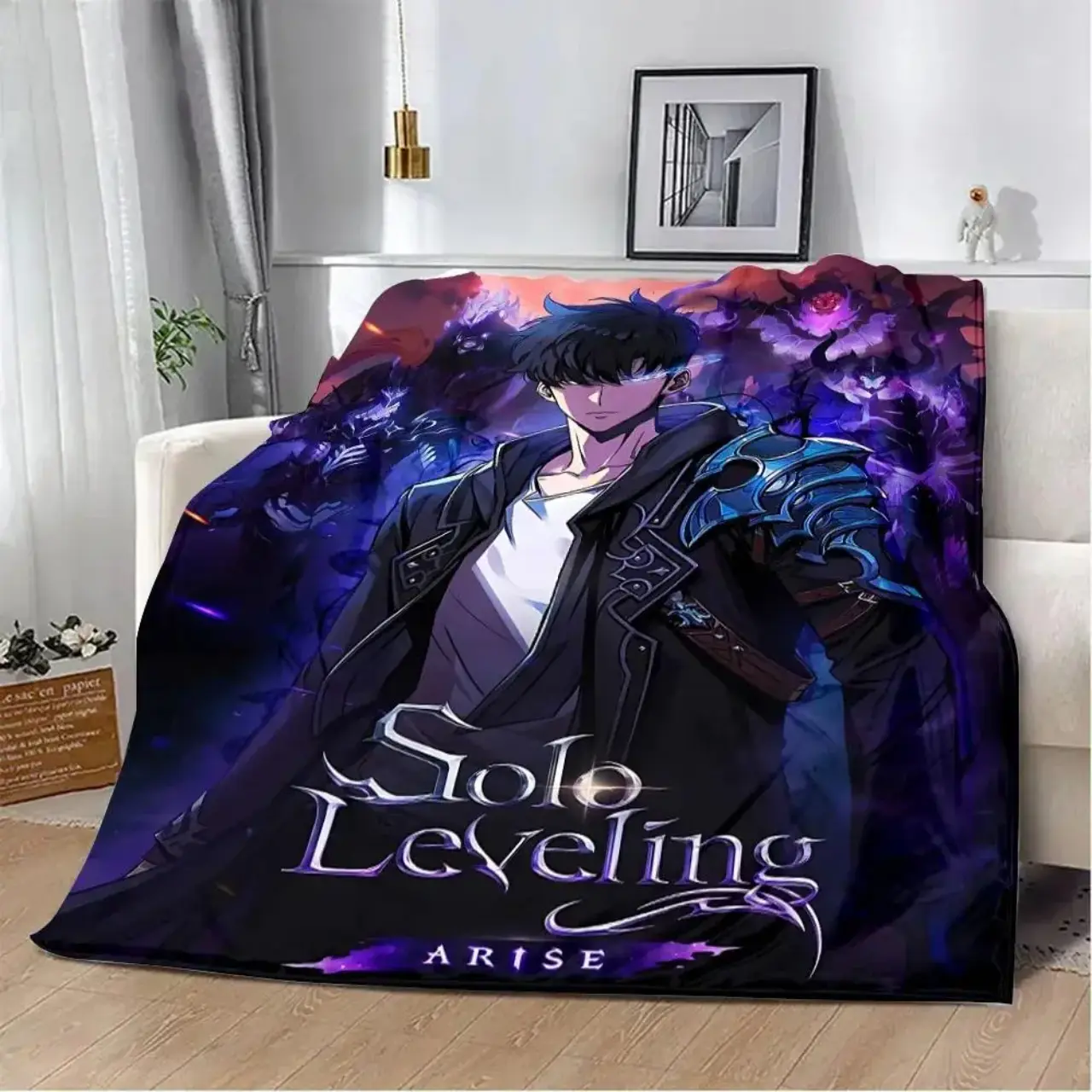 Solo Leveling Arise Anime Throw Blanket, Sung Jinwoo Shadow Monarch Plush Fleece Blanket for Couch Bed Sofa, Soft Cozy Lightweight Gaming Bedroom Decor, Gift for Anime Fans, Manga Blanket