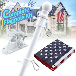 Barcetine Hag Pole with Banners Kit -Tangle Free Flag Poles with 3x5 Embroidered US Star Flags&Holder Bracket -Outdoor Hag Pole for Porch- White