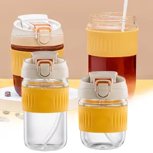 Glass Cup with Lid and Straw Stirring Mug Cup Portable Iced Coffee Glasses, Glass Tumbler with Silicone Sleeve, Mixing Coffee Drinking Water Bottle for Travel Christmas Gift