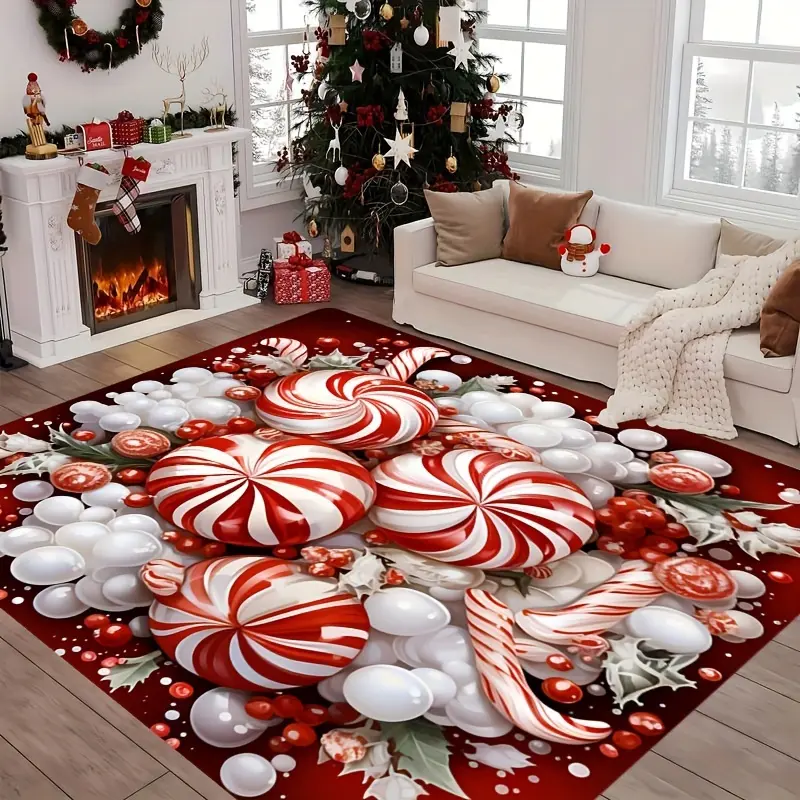 Winter Candy Pattern Mat Christmas Theme Mat for Living Room Office Bedroom Kitchen Indoor and Outdoor Use Christmas Decoration With Colors Christmas Eve Atmosphere Black Red And White Christmas Mat At Home Entrance For Living Room/bedroom