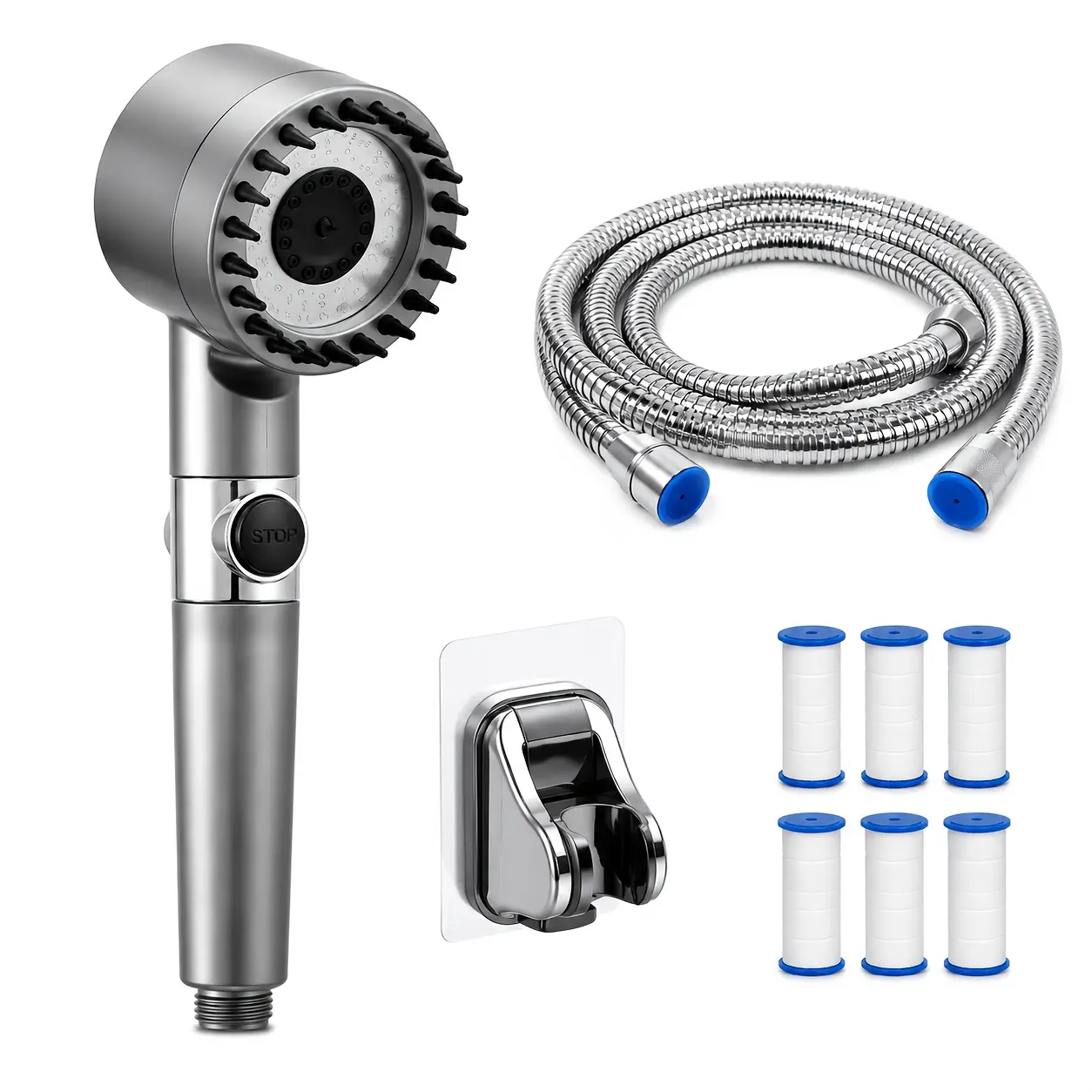 Chlorine Filtering Detachable Bendable High Pressure Shower Head Set with 3 Spray Modes, 1-Touch Pause, Spray Gun Mode, 6 Replacement Filters, 2m Hose, ABS No-Drill Wall Mount Holder, Handheld Shower for Hair Washing (Home Improvement Bathroom Fixtures)
